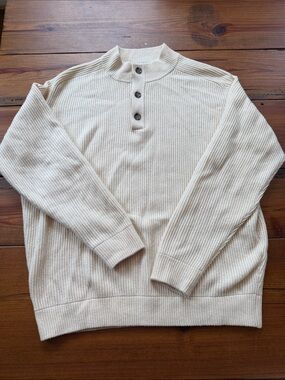 Peter Millar Men's Cream Ribbed Wool and Cashmere Henley Sweater